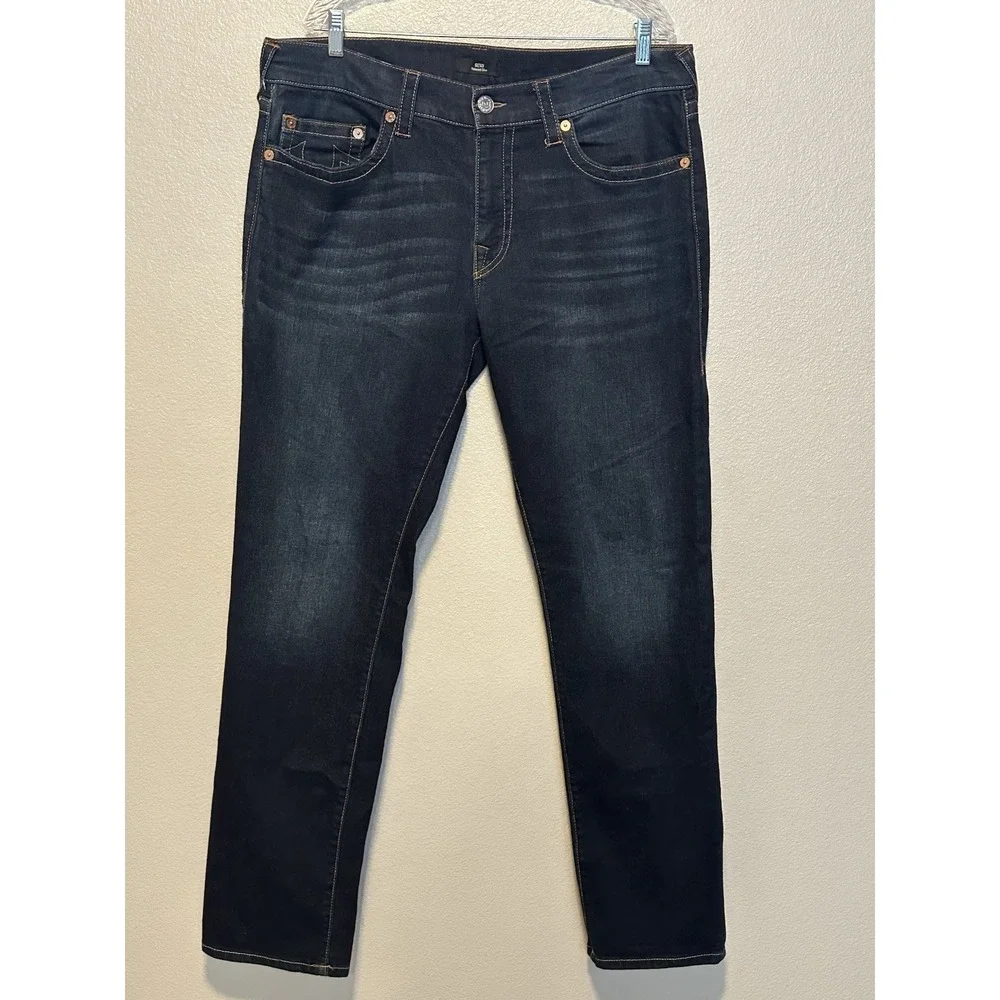 TRUE RELIGION GENO Relaxed Slim Jeans Men's 36Wx34L Dark Wash Hyper Stretch